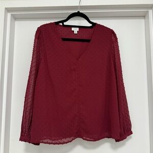 J Crew Women's Burgundy V-Neck Top in Petite Large